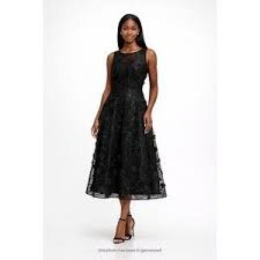 Teri Jon by Rickie Freeman Black Sequin Fit Flare Midi Dress Size 6
